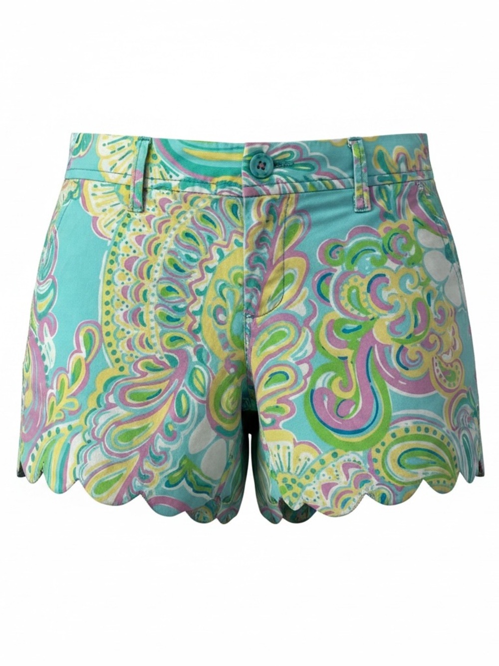 Lilly Pulitzer Buttercup Turquoise Multi Scalloped Hem High-Waist Shorts 000‎